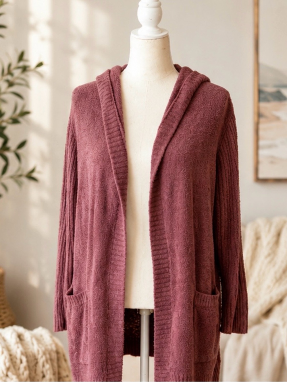 Barefoot Dreams CozyChic Lite Hooded Cardigan Dusty Rose XL Soft Lounge Sweater